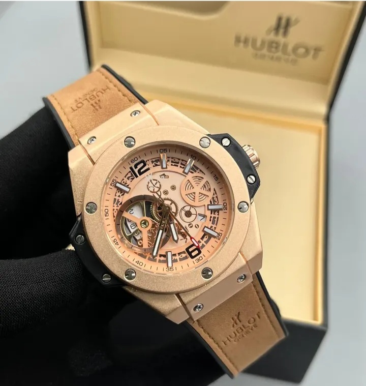 Hublot Big Bang Skeleton Automatic Watch (Rose Gold Tone with Leather Strap)