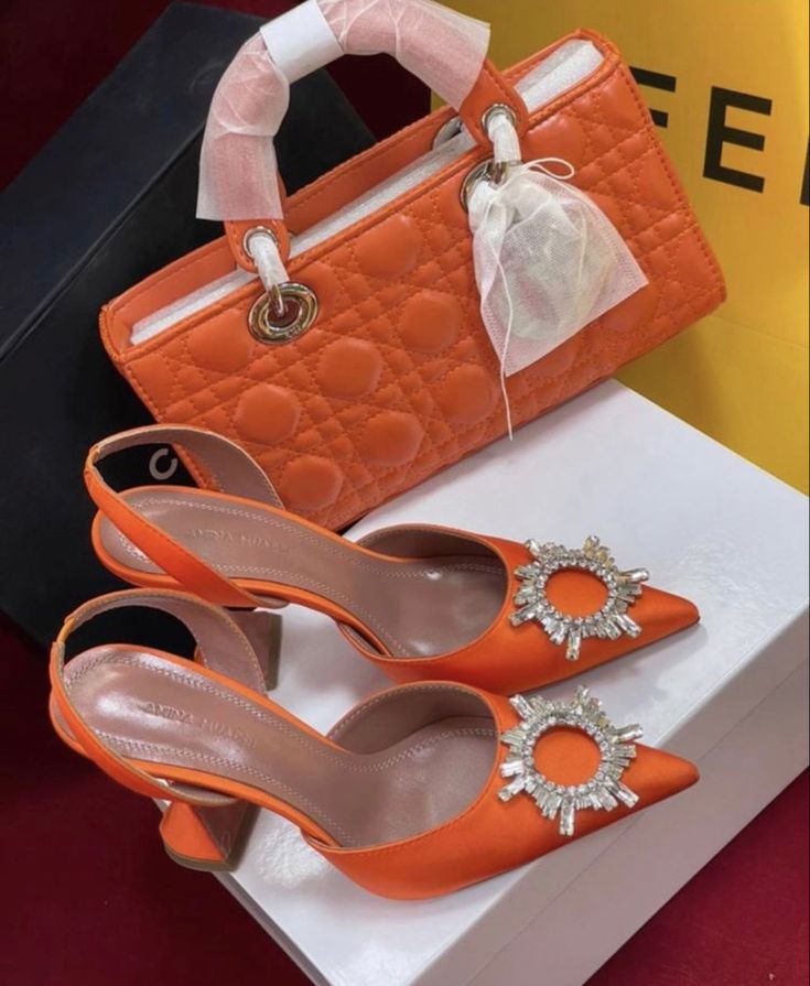 Luxury Orange Quilted Handbag & Embellished Slingback Shoe Set