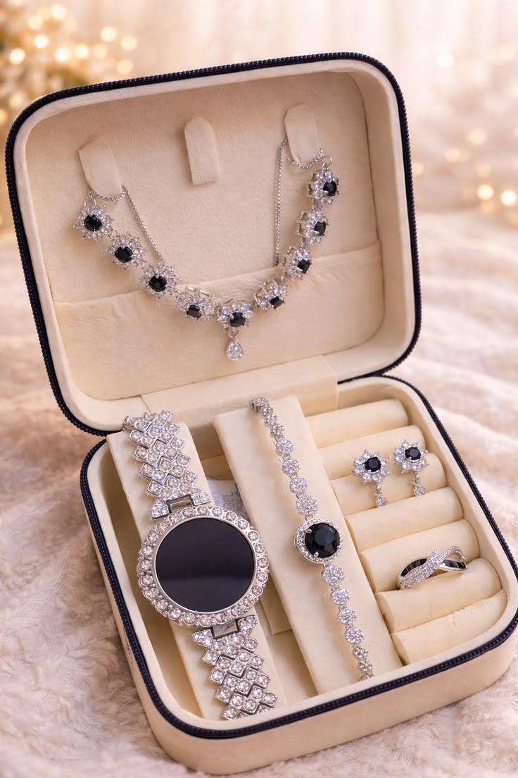 Luxury Black & Silver Crystal Watch & Jewelry Set