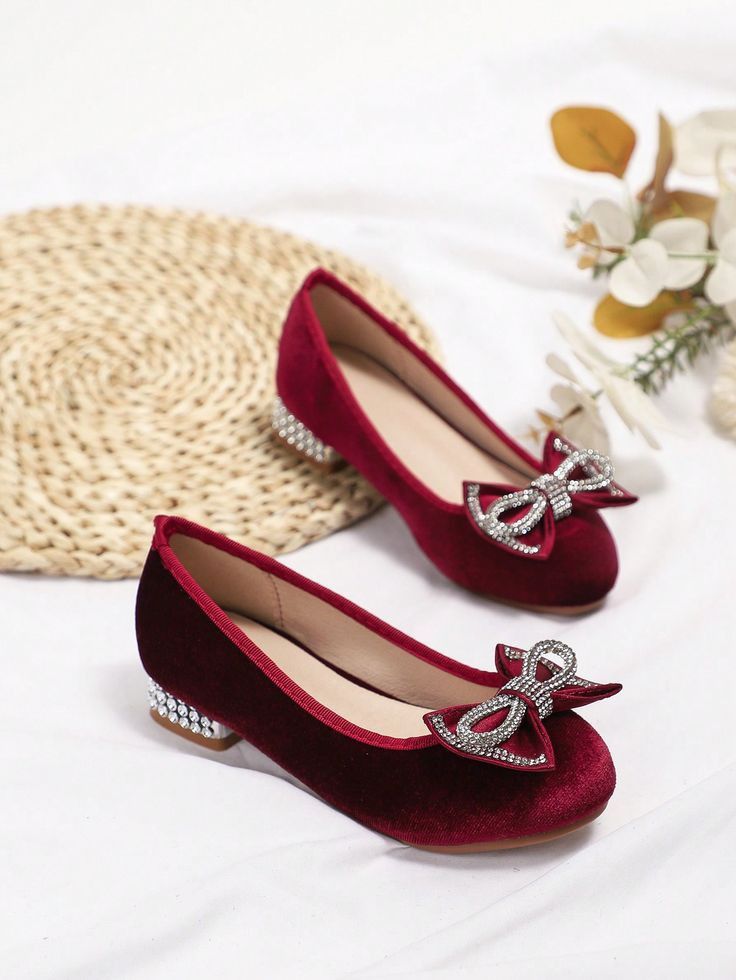Burgundy Velvet Rhinestone Bow Flats