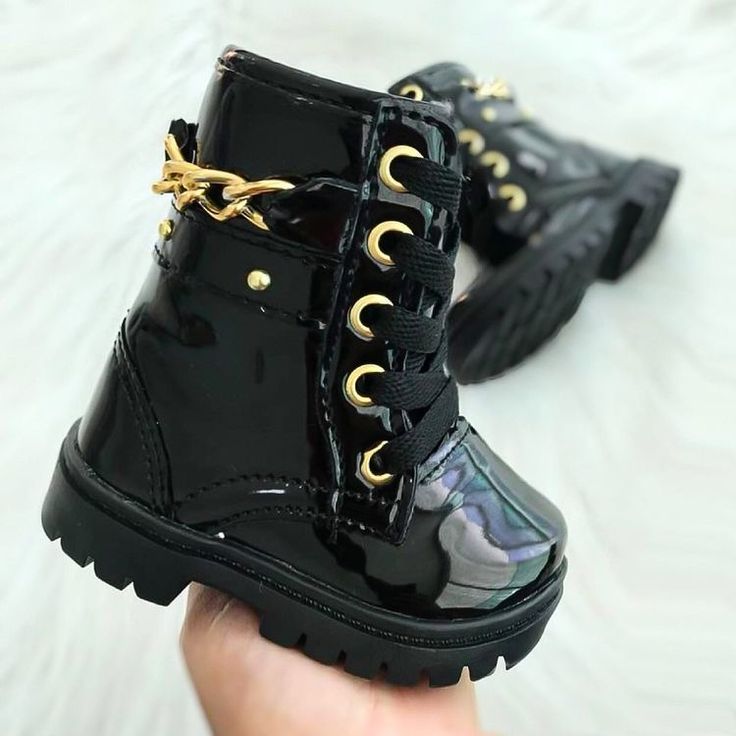 Patent Leather Ankle Boots with Gold Chain