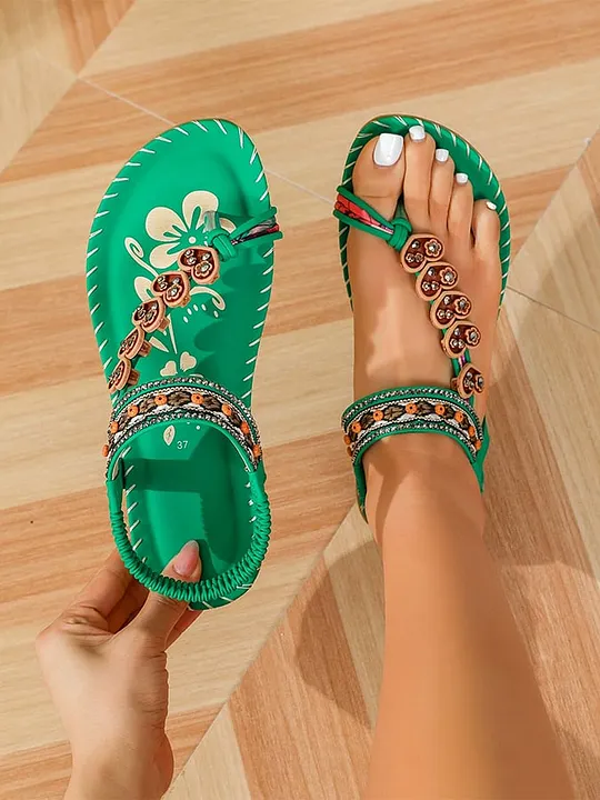 Green Beaded Floral Flat Sandals