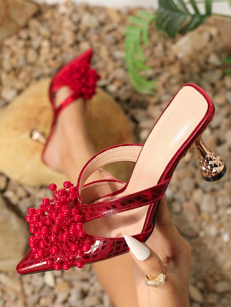 Elegant Red Pearl Embellished Pointed-Toe High Heel Mules