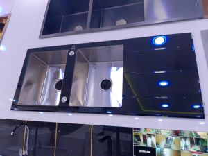 Happy home double-bowl tempered glass kitchen sink with a tempered glass worktop