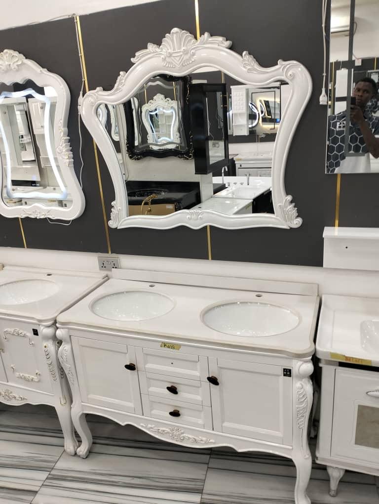 Happy home king size double basin bathroom sink, cabinet and king size mirror