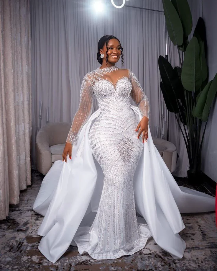 Regal Crystal Mermaid Bridal Gown with Overskirt