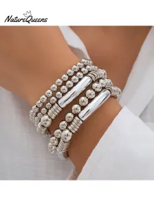 Silver Beaded Statement Bracelet Set