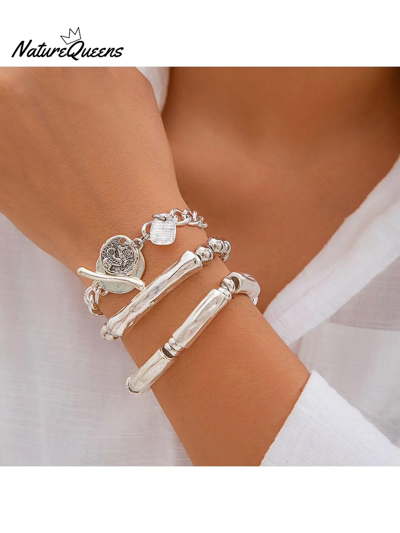 Silver Charm & Bangle Bracelet Set