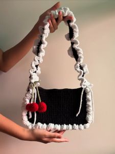 Black & White Crochet Handbag with Cherries