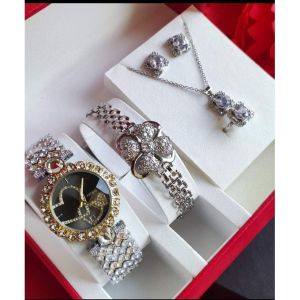Elegant Silver & Gold Crystal Watch Jewelry Set