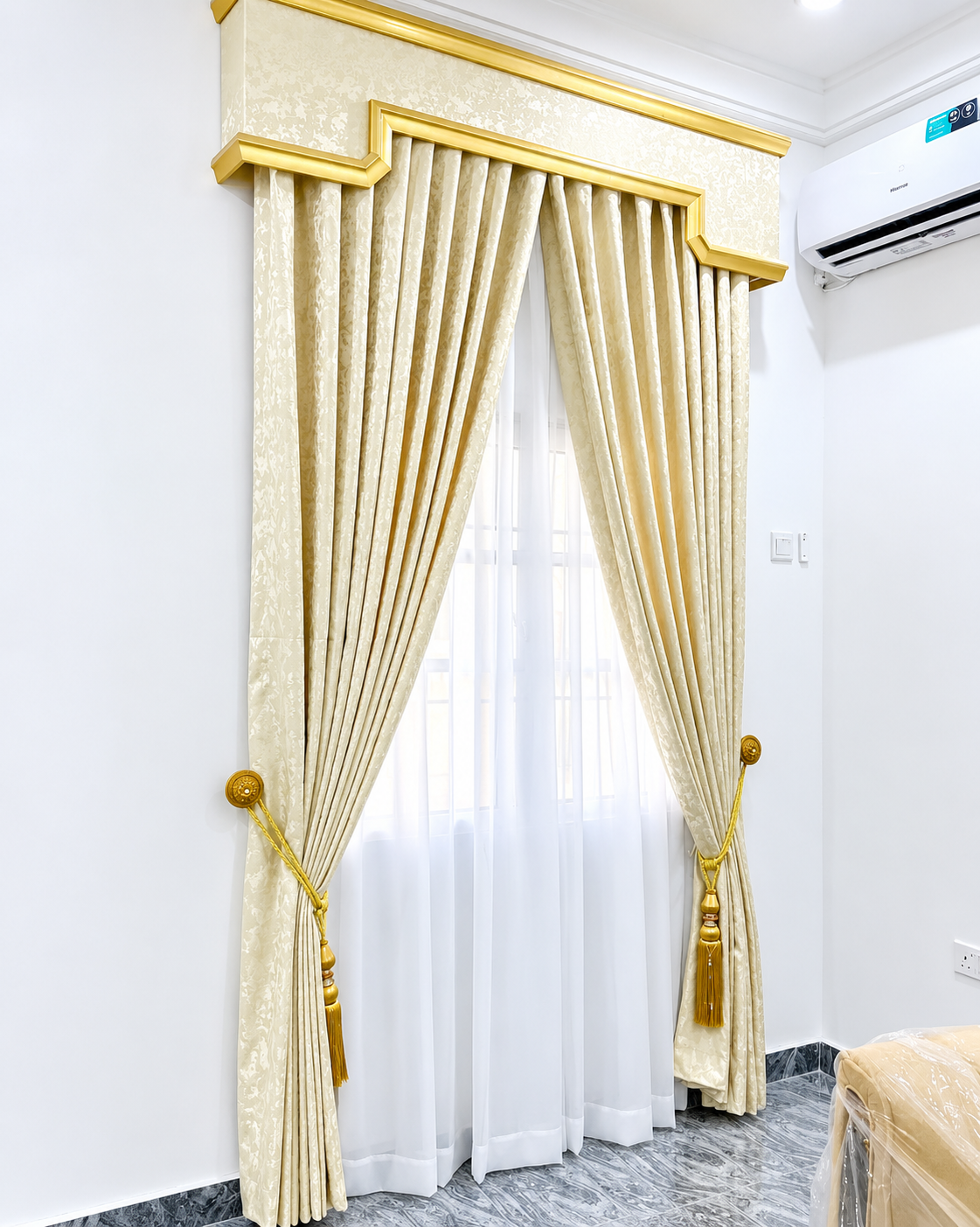 Luxury Gold & Cream Pleated Curtain with Decorative Valance