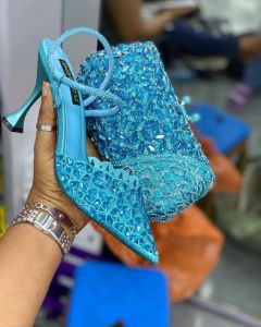 Luxury Crystal-Embellished Blue Heels & Matching Handbag Set