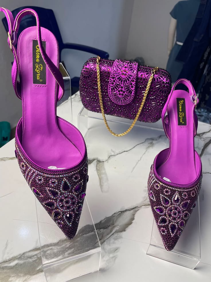 Luxury Purple Rhinestone Heels & Matching Clutch Set