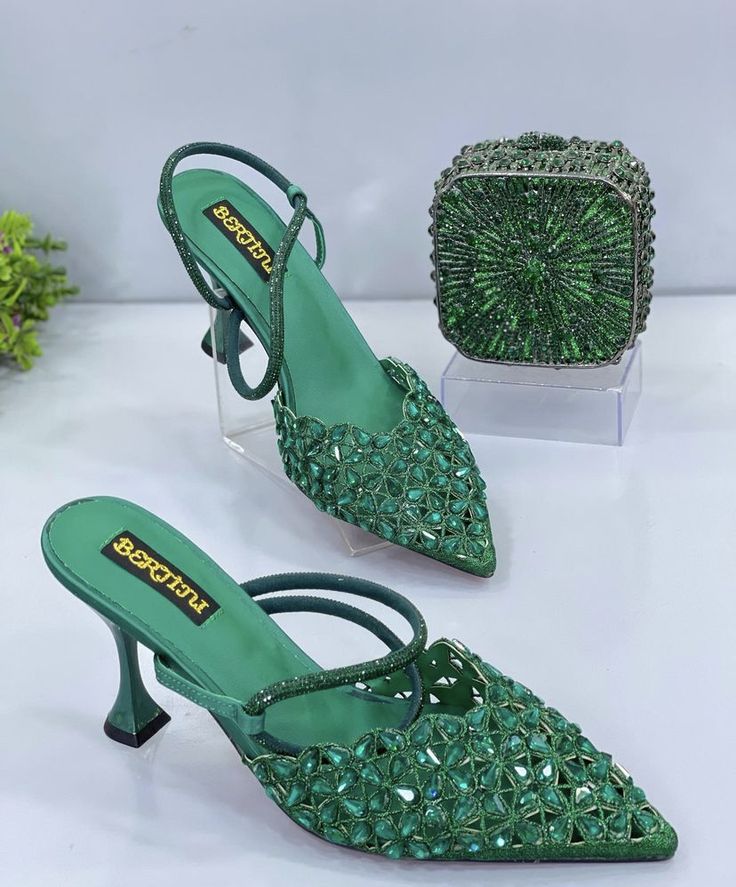 Luxury green Rhinestone Heels & Matching Clutch Set