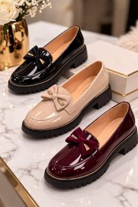 Oliveria Lan – Women’s Glossy Black Leather Loafers (Classic Bow Edition EM234 / LT234)