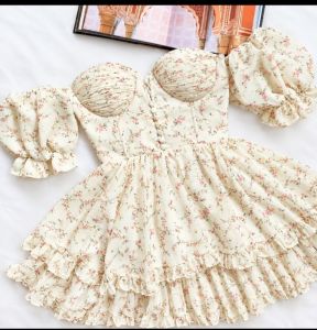 Cream Floral Puff-Sleeve Ruffle Mini Dress