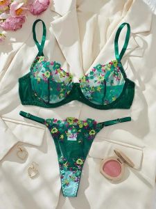 Green Floral Embroidered Lace Bra & Thong Set