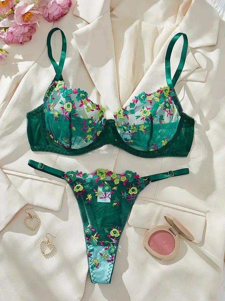 Pink Floral Lace Bra & Thong Set