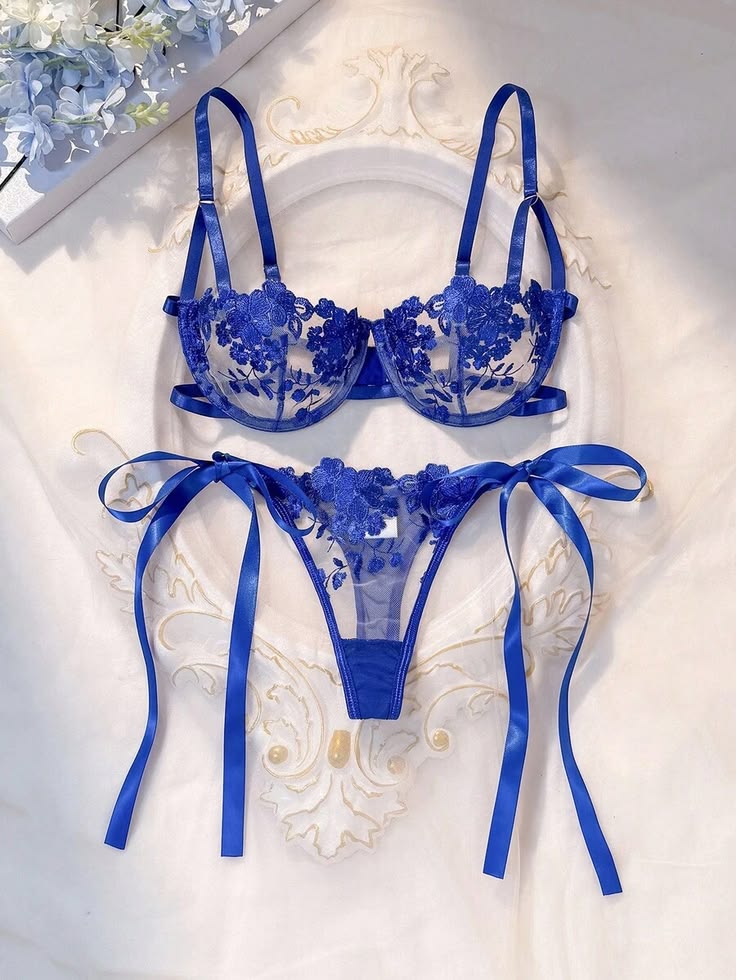 Blue Floral Lace Bra & Thong Set