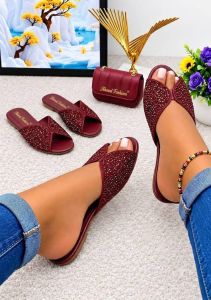 Women's Burgundy Rhinestone Flat Slide Sandals