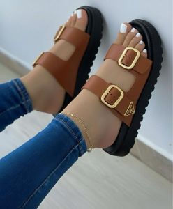 Women's Brown Double-Buckle Platform Sandals