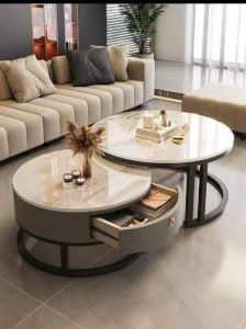 Real Marble Twin Center Table with Side Drawer