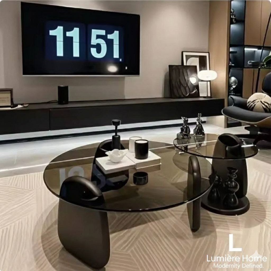 Round Center Table Glass Aesthetic Furniture  - Black Size: 90cm and 50cm